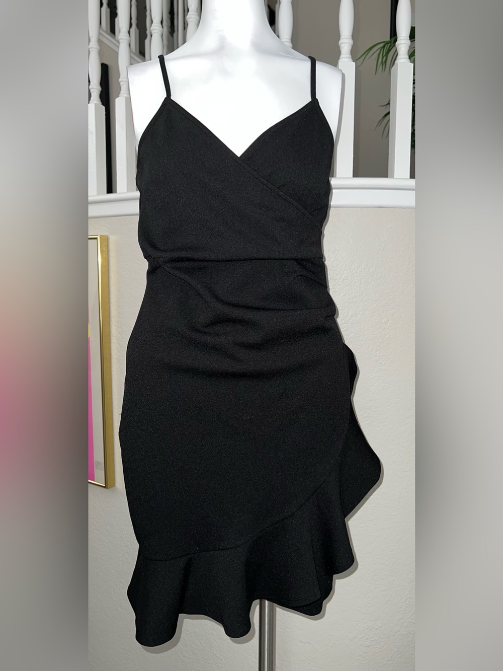 FAVLUX Black Spaghetti Strap Wrap Midi Dress with Ruffle Hem